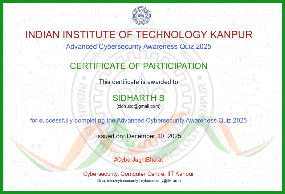 IIT Kanpur advanced cybersecurity certificate of Sidharth also known as zidhuxd
