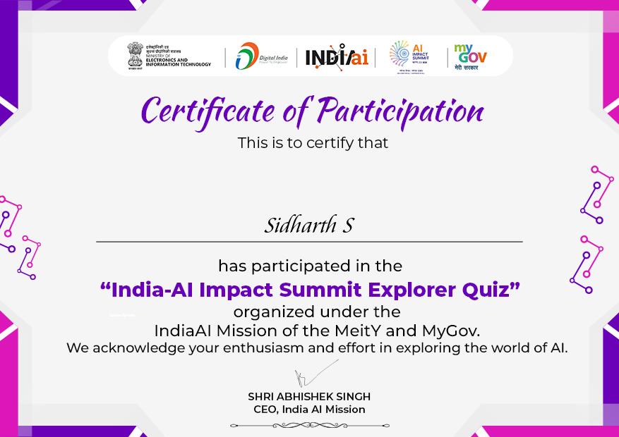 India AI Impact Quiz Certificate awarded to Sidharth also known as zidhuxd