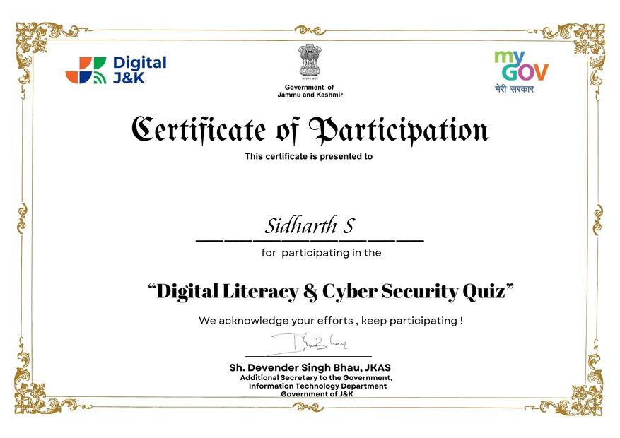 Digital Literacy Quiz Certificate received by Sidharth zidhuxd