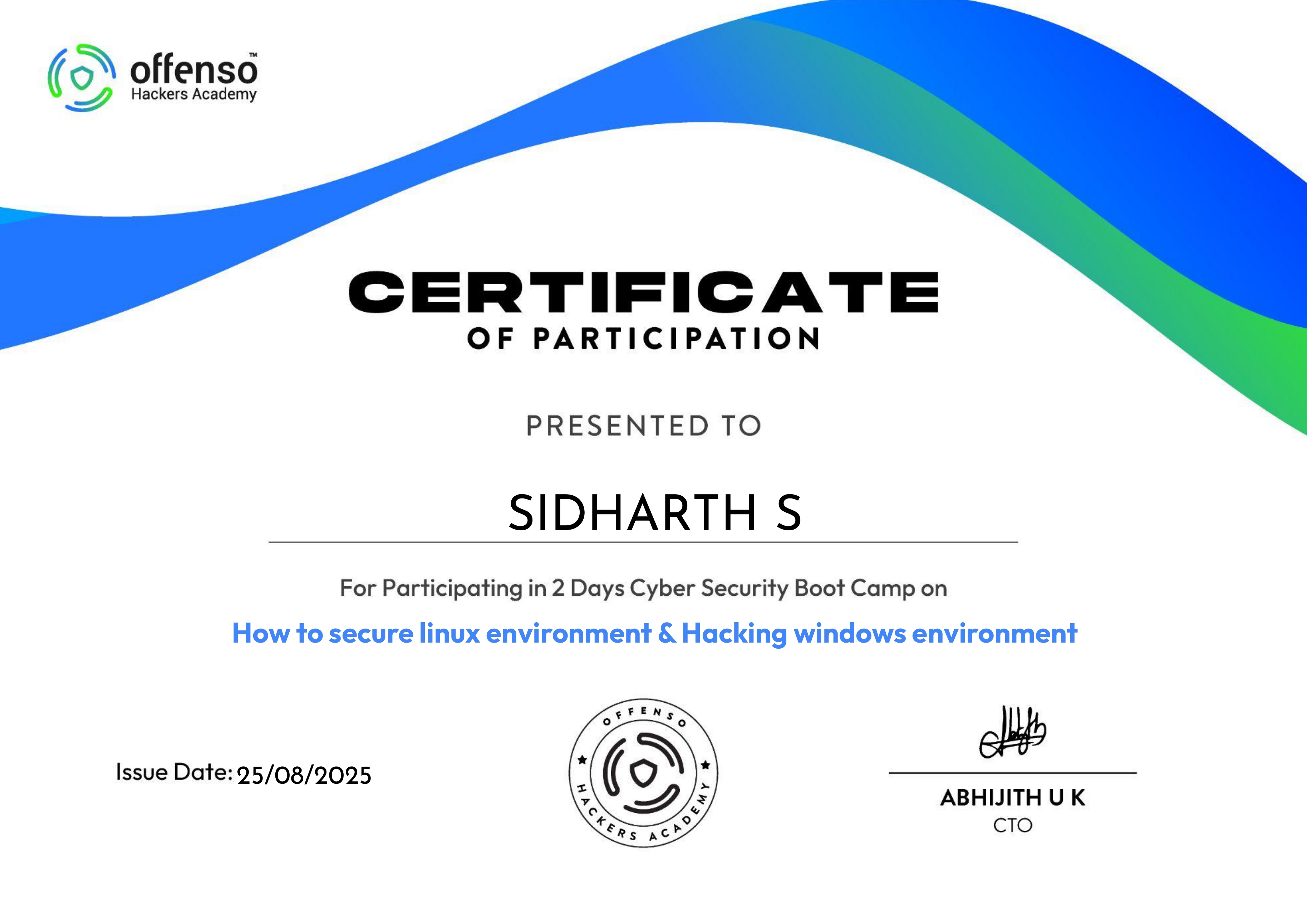 Offenso bootcamp certificate earned by Sidharth zidhuxd