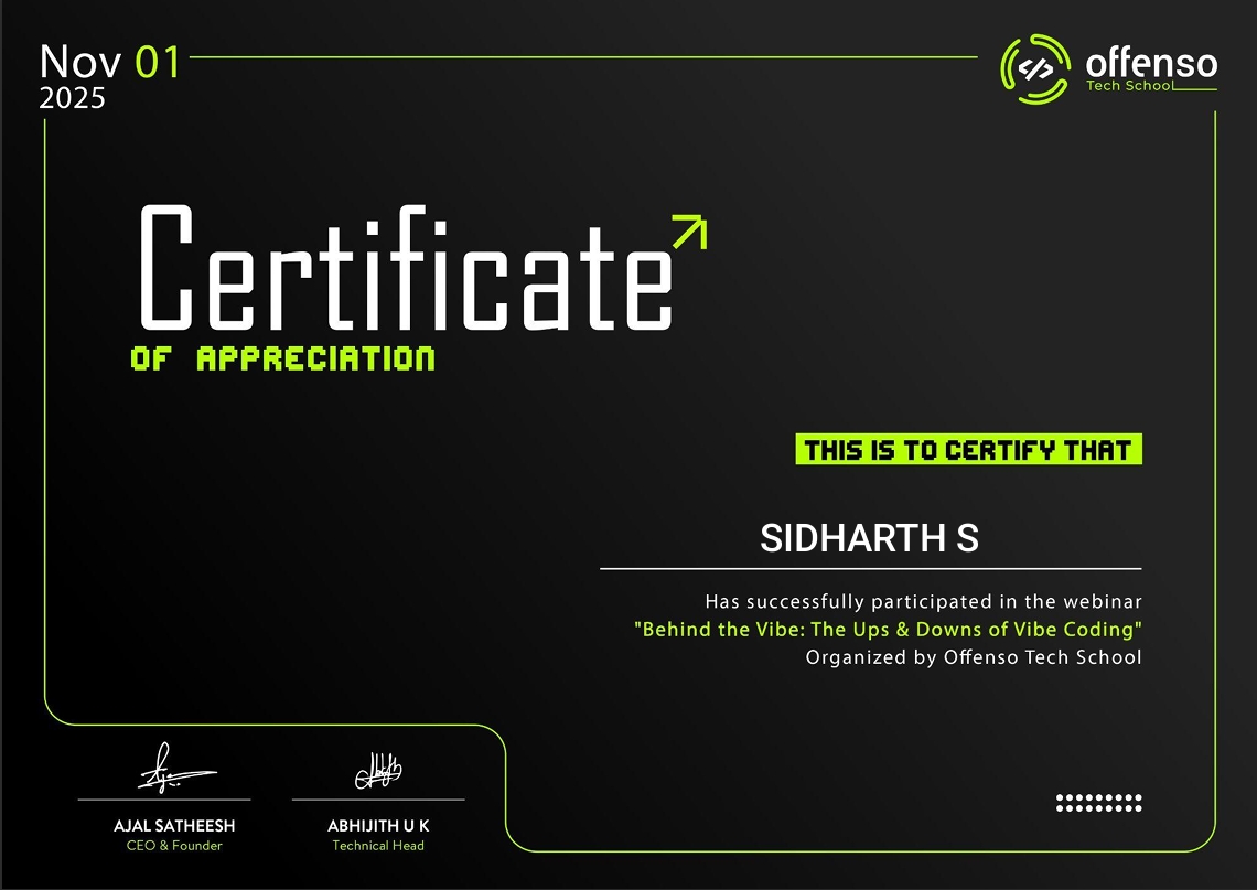 Offenso webinar participation certificate of Sidharth also known as zidhuxd